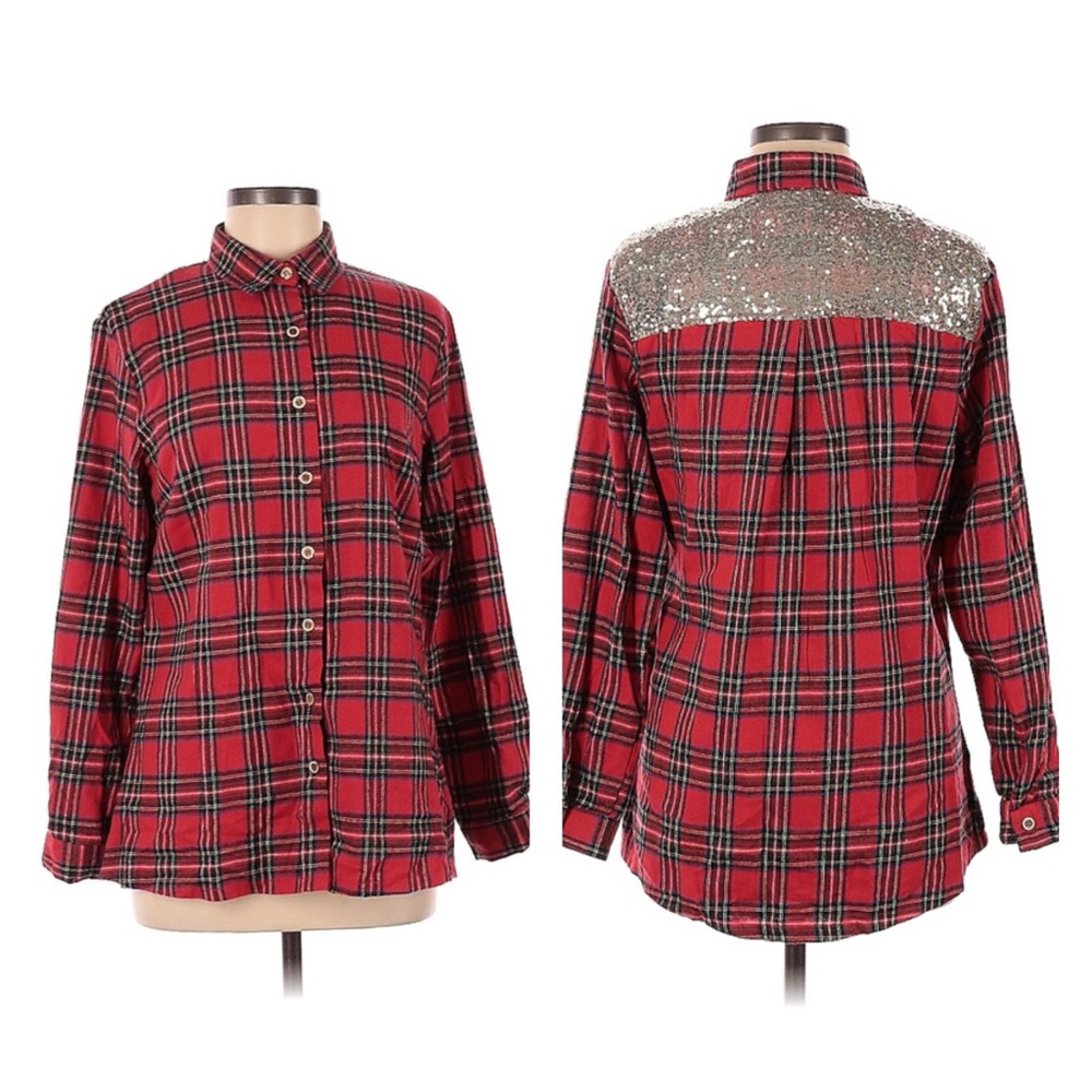 Red Plaid Button-Up Blouse with Sequin Yoke